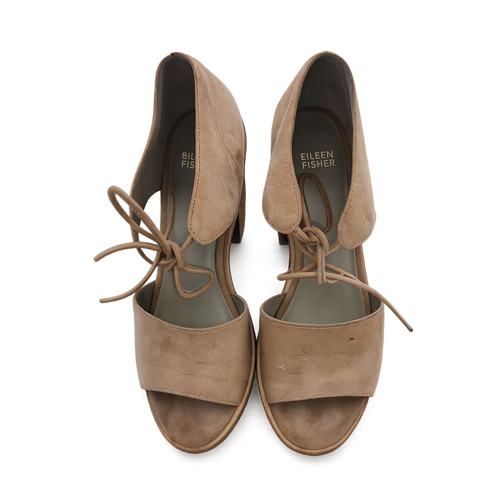 Eileen Fisher Tan Suede Block Heel Sandals Size 8.5 Lace Open-Toe Comfort